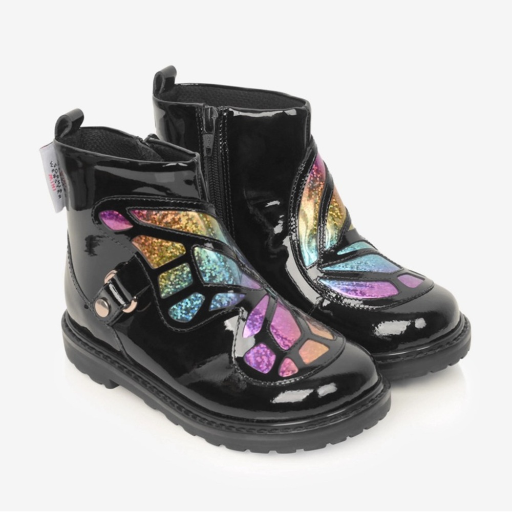 SOPHIA WEBSTER MINI Kids' Karina Rainbow Butterfly Boots In Black NWT